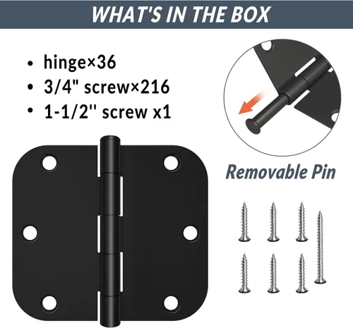 Miniatura 3 de HOSOM Paquete de 36 bisagras de puerta color negro mate de 3.5 x 3.5 pulgadas, bisagras interiores de puerta de 3 1/2 pulgadas redondeadas con Negro