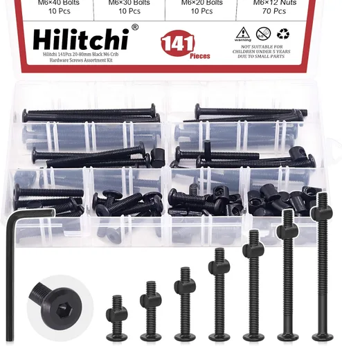 Hilitchi M6 140 piezas de tornillos de cabeza hexagonal negra, tornillos, tuercas de barril, kit surtido de accesorios para cuna, cama de bebé,
