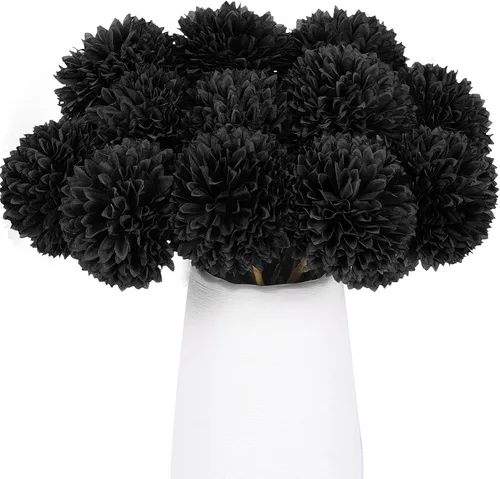 Rowfad 12 piezas de crisantemos artificiales de seda de color negro, flores falsas para Halloween, mesa de boda, centro de mesa, Navidad, decoración