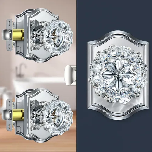 Miniatura 12 de Pomos de puerta de cristal para interiores, pomos de puerta de cristal de latón envejecido con cerradura para uso de privacidad, pomos de puerta