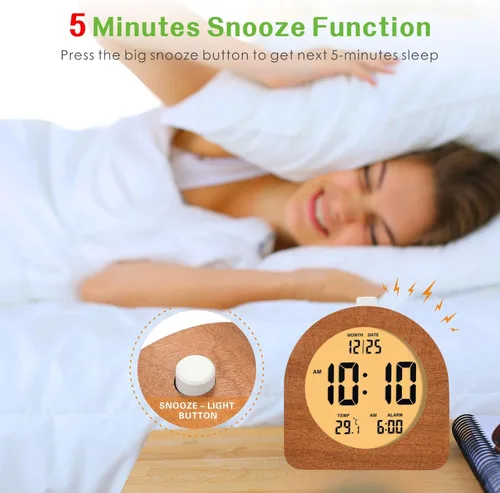 Miniatura 3 de Plumeet Reloj Despertador Digital de Madera para Dormitorios, Reloj Despertador de Madera de 4'' a Batería con Repetición y Luz Nocturna, Reloj