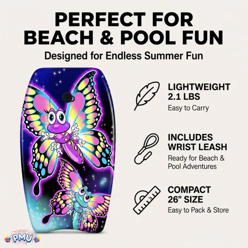Miniatura 7 de PMU Bodyboard estampado con gráficos, correa de muñeca ligera, parte inferior lisa para playa, mar y piscina, tabla de surf para niños, adolescentes