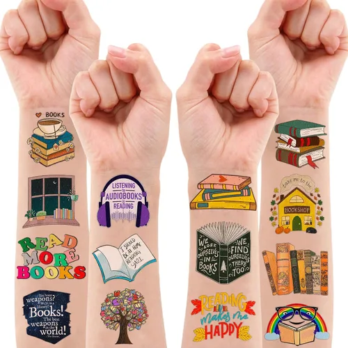 Miniatura 7 de (96 PCS) Libro de lectura Tatuajes temporales para niños, lindo nerd Bookish Calcomanías de recompensas escolares, suministros para fiestas