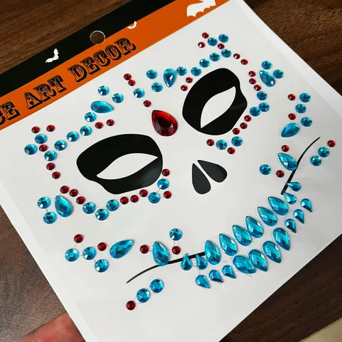 Miniatura 9 de Day of the Died Skull Halloween - Tatuajes de joyería de cara de Halloween, paquete de 4 calcomanías temporales de diamantes de imitación
