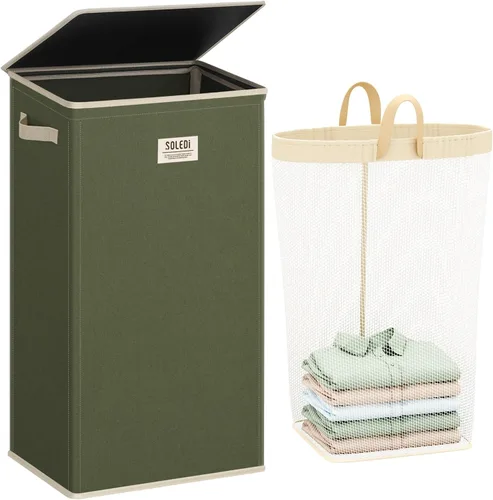 SOLEDI - Canasta de lavandería con tapa de 100L, canasta de ropa plegable grande y alta, cesta de lavandería con bolsa removible fácil de