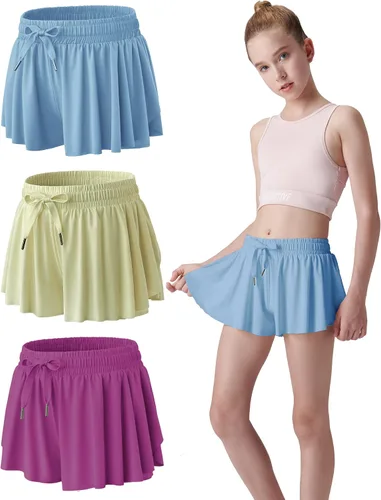 Paquete de 3 pantalones cortos fluidos para niñas con forro de elastano, 2 en 1, faldas de mariposa para jóvenes, para fitness, correr, deportes