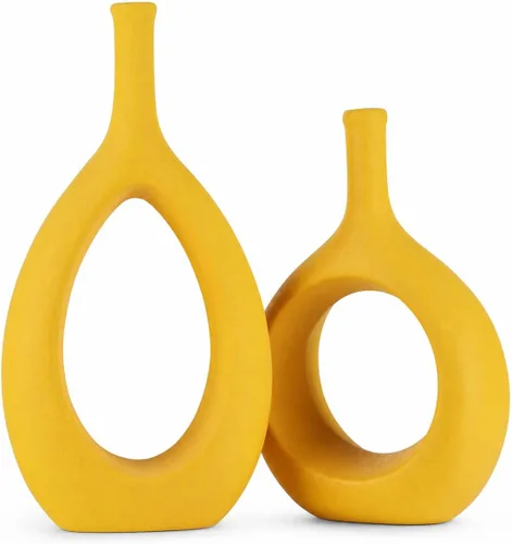 Miniatura 7 de Juego de 2 jarrones de cerámica de oro negro, moderno círculo hueco con agujero para decoración del hogar, centros de mesa, granja, chimenea, sala