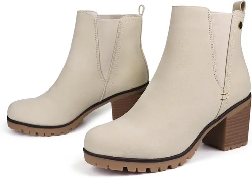 Miniatura 4 de JABASIC - Botines casuales de ante para mujer con tacón de bloque, botas de meter tipo Chelsea