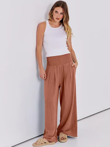 Miniatura 6 de Caracilia Pantalones palazzo de lino para mujer, estilo bohemio, pierna ancha, cintura alta, fruncidos, informales, con bolsillo