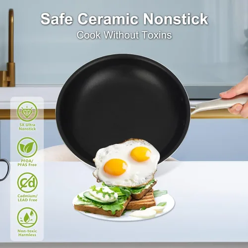 Miniatura 6 de Juego de ollas y sartenes antiadherentes, juego de utensilios de cocina de cerámica de 5 piezas, asas de acero inoxidable, compatible con inducción