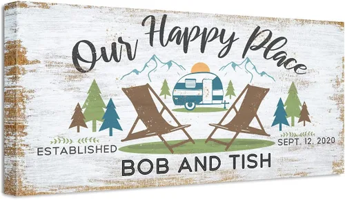 Lone Star Art Personalized Camping Couple Canvas Wall Decor 12x24 Ready to Hang Rustic Camper Mountain Forest Adventure Artwork RV Travel Trailer
