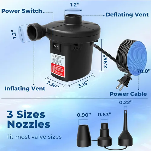 Miniatura 4 de Bomba de aire eléctrica de llenado rápido con 3 boquillas, inflador desinflador portátil de CA 110V-120V para juguetes inflables de piscina