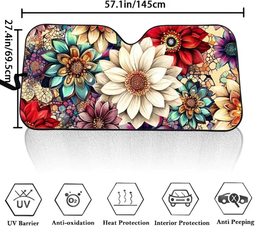 Miniatura 5 de HUGS IDEA Parasol plegable para parabrisas de automóvil, diseño de flores, bohemio, para la mayoría de los sedán, SUV, camión, parabrisas delantero