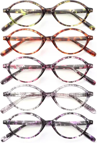 JM - Paquete de 5 lentes de lectura ovalados para mujer, elegantes lentes de bloqueo de luz azul para computadora con bisagras de resorte
