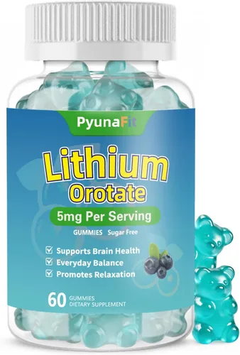Gomitas de Orotate de litio de 5 mg sin azúcar, suplemento para la salud cerebral y la función cognitiva, vegano, sabor a arándanos, 60 unidades
