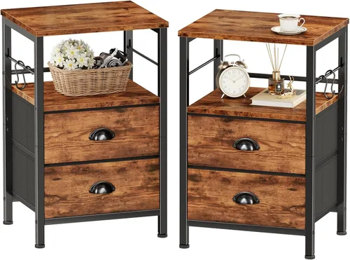 Furologee Juego de 2 Mesitas de Noche, Mesita de Noche con 2 Cajones de Tela, Mesa de Cabecera con Estante Abierto, Superficie de Madera, Ganchos,