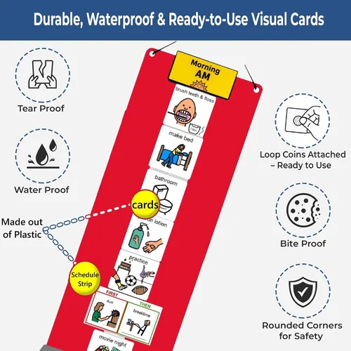 Miniatura 3 de Programa visual para niños – 133 tarjetas de plástico duraderas con imágenes y monedas de lazo suave Rutina diaria y tabla de recompensas de Rojo