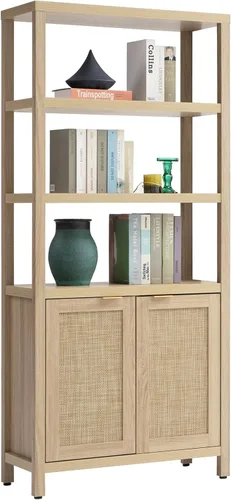 Miniatura 14 de Estantería SICOTAS de 5 niveles, estante de libros de ratán estilo bohemio de 71" de altura con puertas, estantes de almacenamiento, estanterías