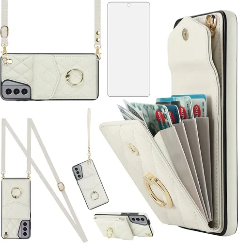 Asuwish Funda de teléfono para Samsung Galaxy S21 Plus S21+ 5G Funda tipo cartera con protector de pantalla de vidrio templado, anillo cruzado,