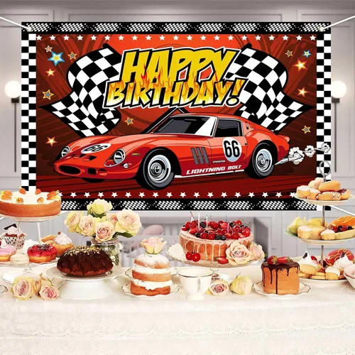 Miniatura 3 de Telón de fondo de feliz cumpleaños de 7 x 5 pies, cartel de fiesta de coche de carreras, pista de carreras, fondo de fotos a cuadros negros