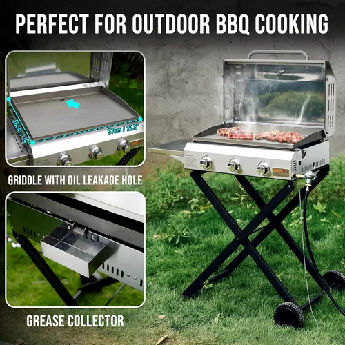 Miniatura 7 de ONLYFIRE GRILLS Plancha portátil de gas propano de 3 quemadores con carrito plegable y mesa auxiliar, parrilla de gas plana con tapa, para cocinar