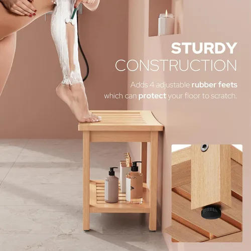 Miniatura 8 de Psilvam Banco de ducha impermeable de madera de polietileno de 21 pulgadas con estante de almacenamiento, taburete de ducha de madera sintética Teca