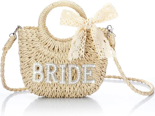 Miniatura 7 de Pinkunn Bolso de paja para novia, bolso tejido a mano, con parches de letras de diamantes de imitación, para despedida de soltera, luna de miel