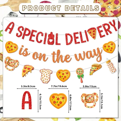 Miniatura 2 de Banner con texto en inglés «A Special Delivery Is on the Way» Decoraciones para fiestas de pizza, entrega especial, pizza, baby shower, baby shower