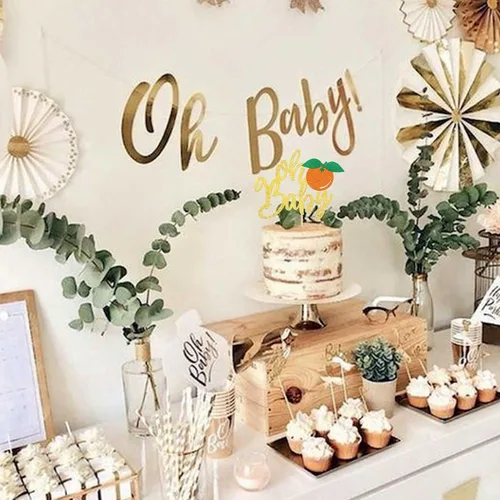 Miniatura 7 de Rsstarxi 1 paquete de decoración de pastel Oh Baby con purpurina naranja pequeña para tartas de baby shower, decoración de pastel para frutas