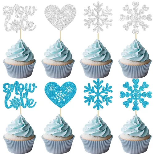 Miniatura 29 de Gyufise Paquete de 24 adornos de copos de nieve Oh Baby para cupcakes con purpurina azul Frozen Oh Baby Pick Decoraciones para baby shower