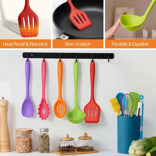 Miniatura 5 de LIANYU Juego de 14 utensilios de cocina con soporte, juego de utensilios de cocina de silicona, herramientas de cocina resistentes al calor, incluye