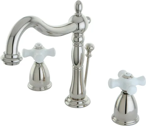 Miniatura 6 de Kingston Brass KB1978PX Heritage - Grifo de lavabo con mango cruzado de porcelana, níquel cepillado, centro ajustable de 8 pulgadas cepillado níquel