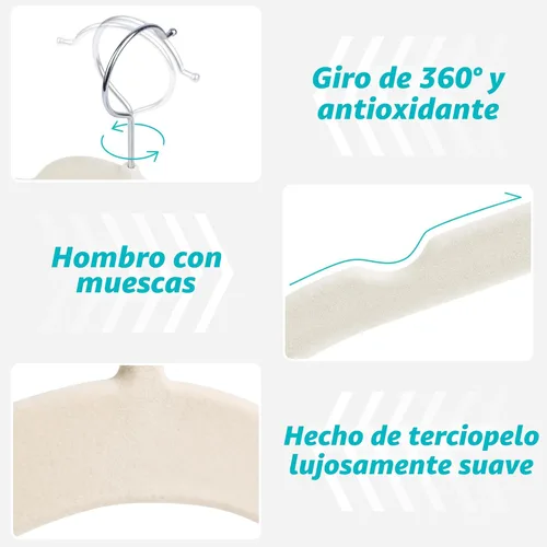 Miniatura 3 de Sishynio Perchas de terciopelo prémium para camisas, paquete de 30 unidades, antideslizante con gancho giratorio de 360°, colgador delgado flocado