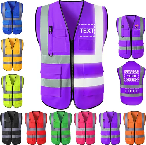 Miniatura 10 de Chaleco de seguridad personalizado para hombres con bolsillos de logotipo, ropa de trabajo protectora personalizada de alta visibilidad con tira