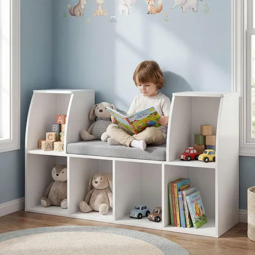 Miniatura 9 de Costzon Estantería infantil con rincón de lectura, estantería de 6 cubos con cojín de asiento suave, organizador de almacenamiento de juguetes