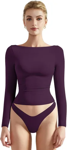 Miniatura 13 de SUUKSESS Camiseta de mujer con cuello redondo, manga larga, doblemente forrada, ajustada y corta