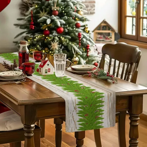 Miniatura 5 de Camino de mesa con guirnalda de Navidad, algodón y lino, para decoración de Navidad, bufanda larga de 48 pulgadas, para vacaciones, invierno