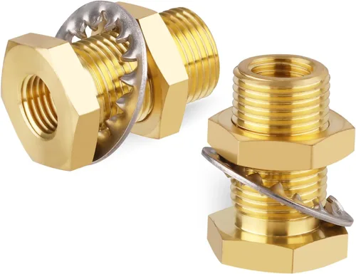 Miniatura 8 de KOOTNAS Paquete de 2 Accesorios de Mamparo de Latón Macizo, 1/2 NPT Cónico Hembra 1" Rosca Macho Recta Conector de Latón con Anillo Ondulado