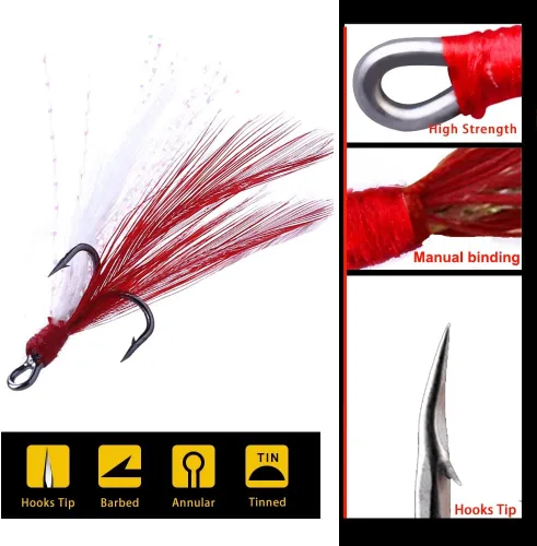 Miniatura 2 de 20 anzuelos de pesca agudos con pluma tamaño de acero inoxidable con púas afiladas triple anzuelo con caja para agua salada y agua dulce 20 plumas
