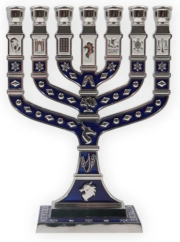 Miniatura 7 de Menorá de Esmalte Azul de Jerusalén de 7 Ramas, 10.8" de alto, con 12 Tribus de Israel, Portavelas (27.4 cm)