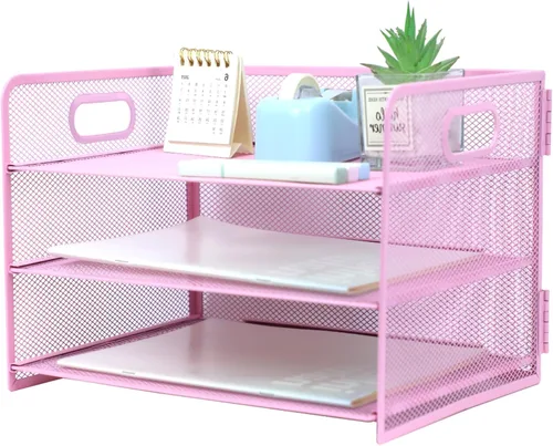 Miniatura 10 de Organizador de 3 niveles con asa, organizador de archivos de escritorio de malla metálica con bandejas deslizantes, escritorio clasificador de papel