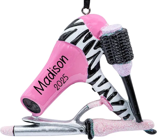 Adorno Navideño Personalizado de Peluquera 2025 | Kit de Estilista de Cabello, Rizador y Cepillo para Árbol de Navidad | Accesorios Personalizados