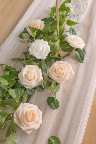 Miniatura 144 de N&T NIETING Flores artificiales, rosas artificiales de color rosa intenso, 50 piezas de flores falsas con tallo para ramos de boda DIY, centros