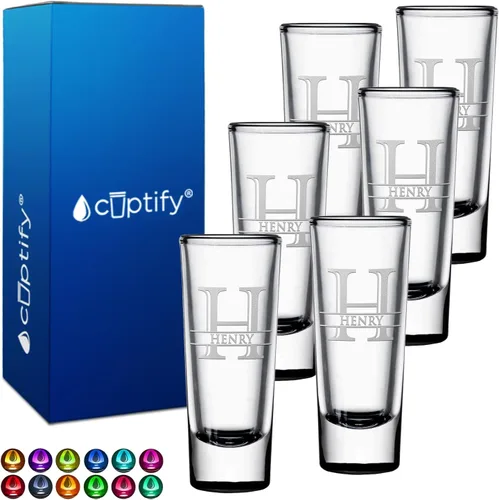 Miniatura 64 de Vaso de chupito personalizado con fondo verde azulado personalizado de 2 oz, vasos de chupito cordial con inicial en script dividido y nombre