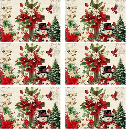 Miniatura 7 de XCHI Juego de 4 manteles individuales de mesa de Navidad con diseño de muñeco de nieve y poinsettia, manteles de mesa de invierno para decoración