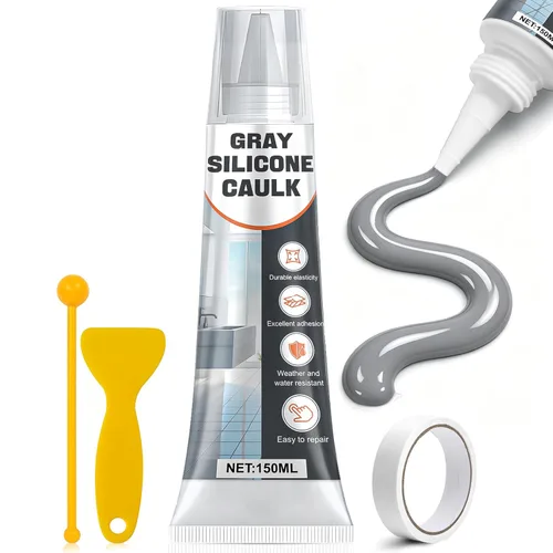 JAOJAO Calafateo de silicona gris, sellador de calafateo impermeable con raspador y calcomanía, curado rápido para baño, cocina, ventanas y uso