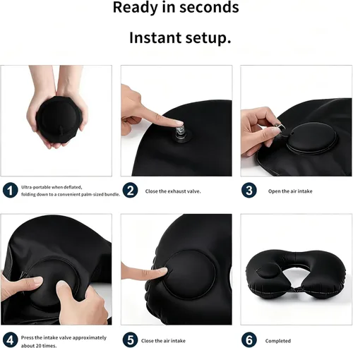 Miniatura 7 de Set de Viaje Portátil para Dormir en Avión, 2 Almohadas Inflables de Viaje, Reposapiés Tipo Hamaca, Máscara para los Ojos y Tapones para los Oídos