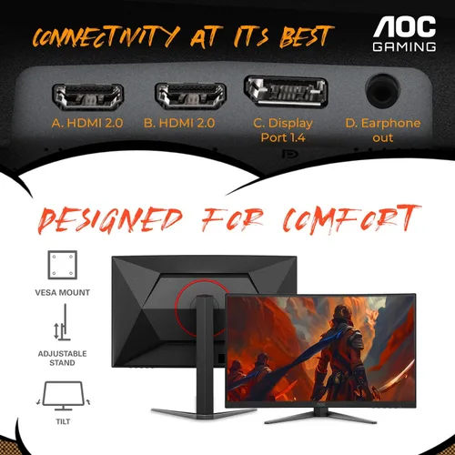 Miniatura 6 de AOC C27G4H Monitor de juegos curvo de 27", FHD 1080p, 180Hz, sincronización adaptativa, altura ajustable, garantía de 3 años sin píxeles muertos