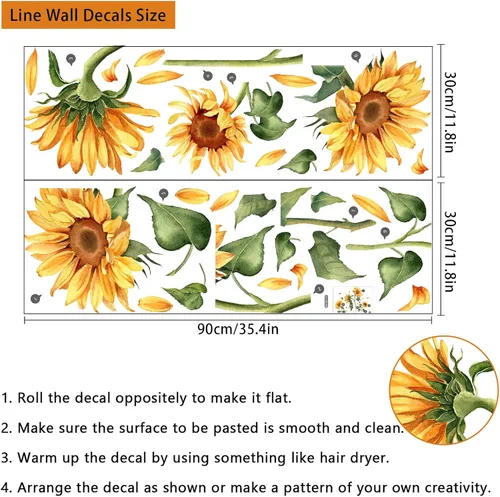 Miniatura 6 de Calcomanía de pared vintage de girasol, diseño floral de jardín, flores amarillas con hojas verdes, calcomanías de pared para despegar y pegar