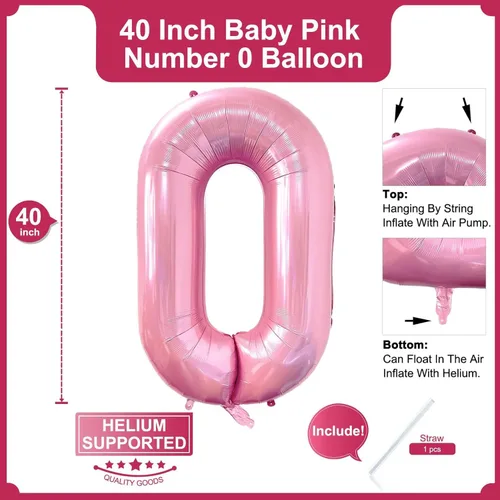 Miniatura 2 de Globos de 40 pulgadas color rosa bebé número 0 de gran tamaño jumbo de papel de aluminio Mylar para helio rosa claro para niñas, suministros